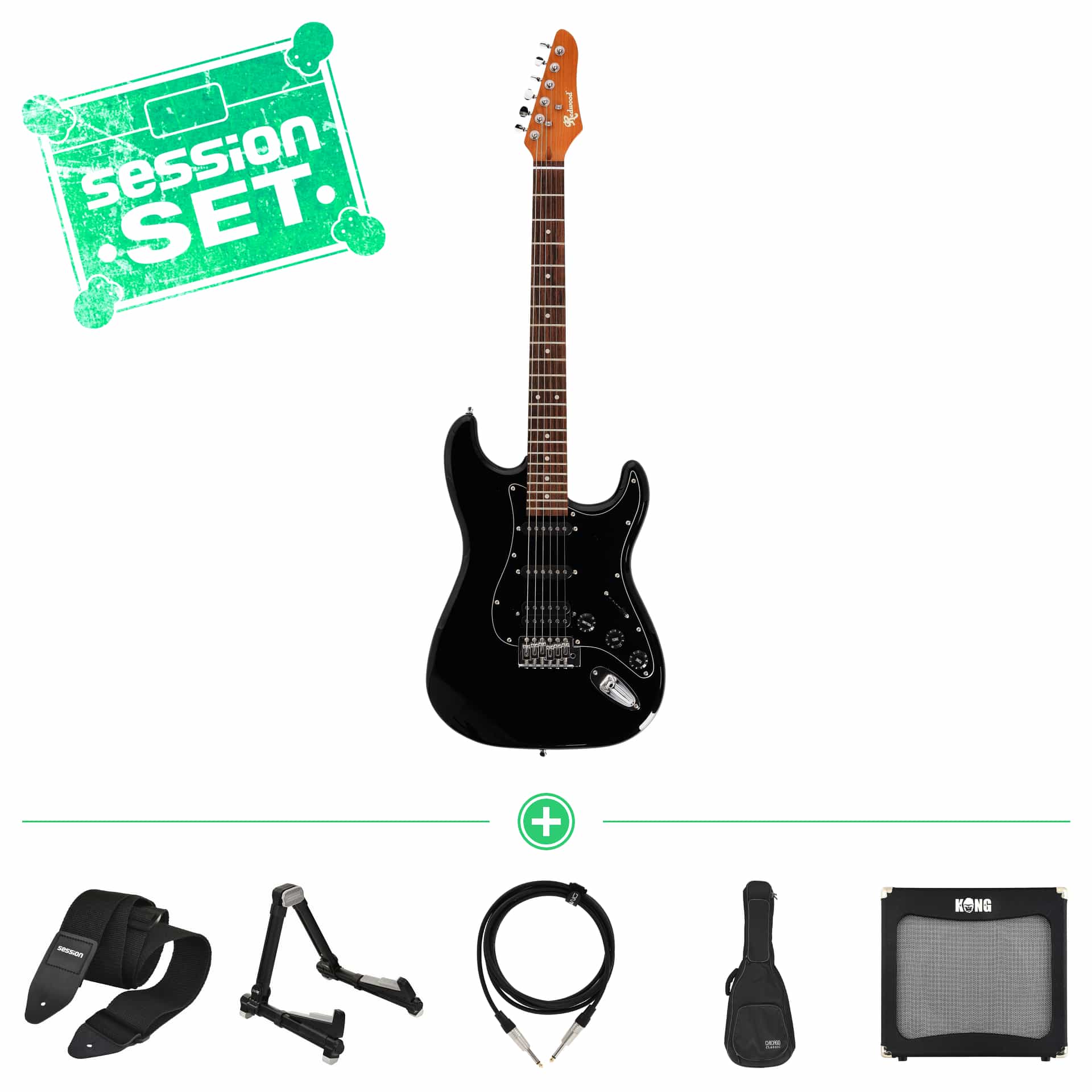 redwood standard s style mn rst hss blk e gitarren set mit gigbag  verstaerker   zubehoer 70000969 1