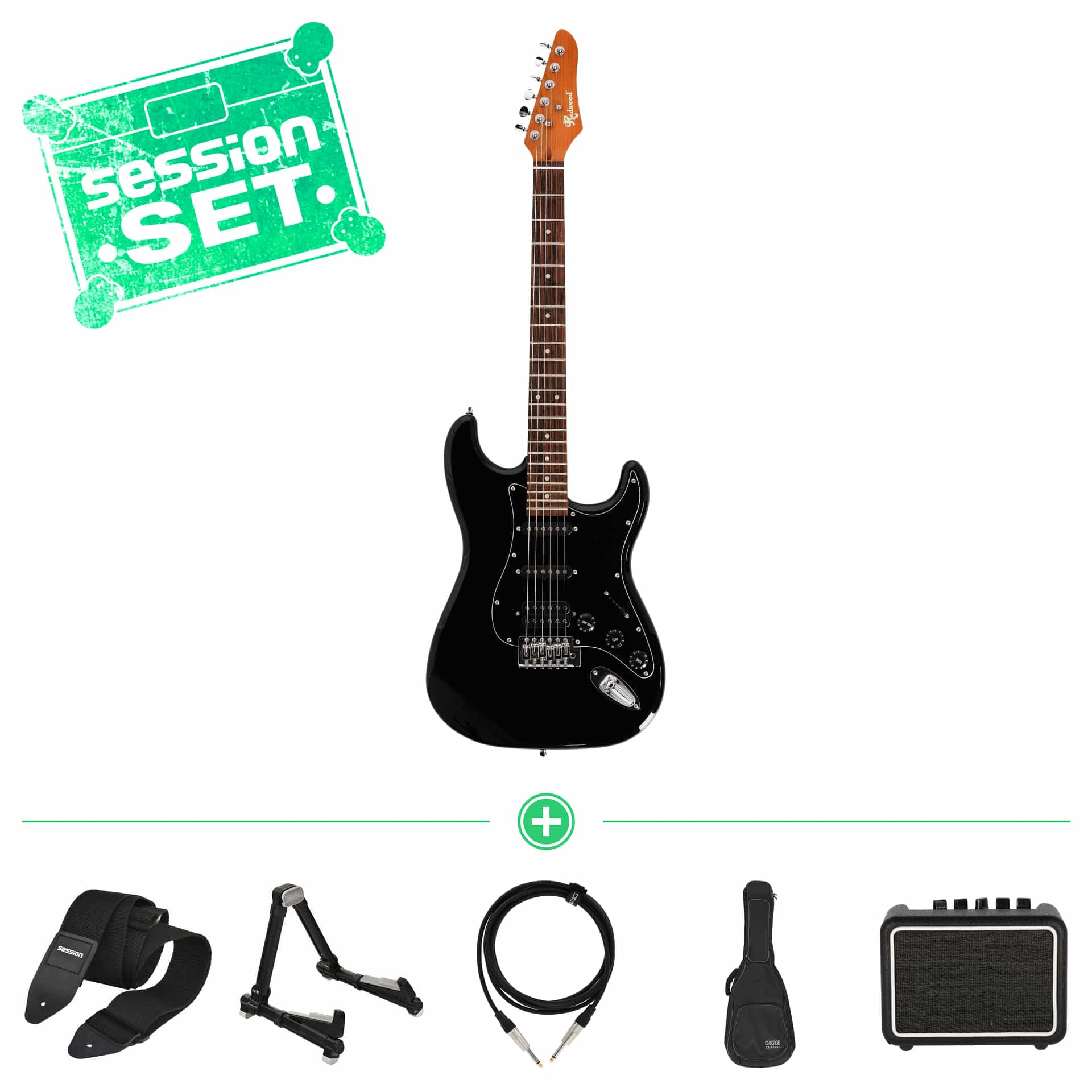 redwood standard s style mn rst hss blk e gitarren set mit gigbag  staender   mini amp 70000965 1
